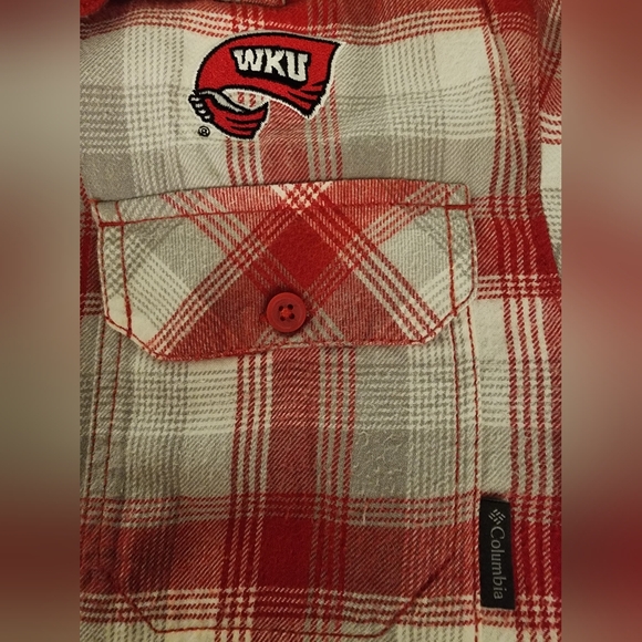 Columbia flannel, Western Ky University emblem,  red plaid, size medium - Picture 5 of 7